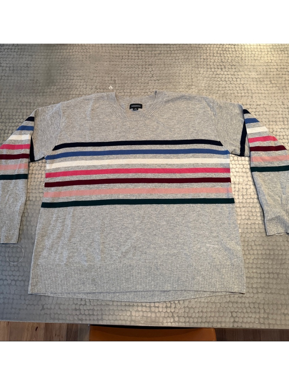 summersalt Gray Crewneck Sweater with Navy, Blue, Pink, Burgundy & Green Stripes